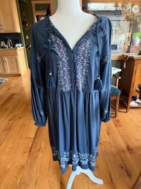 Knox Rose Navy Embroidered Long-Sleeve Boho Dress